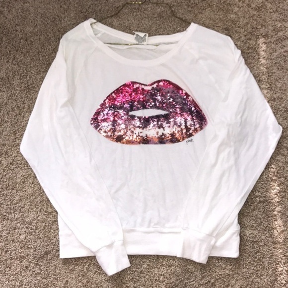 Pink white long sleeve XS women’s sequin lips - Picture 1 of 6
